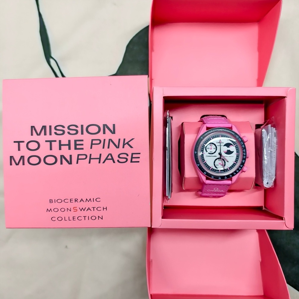 NWT Swatch Omega Pink Moonphase Watch - Full Set w/ Box & Papers - Picture 3 of 5
